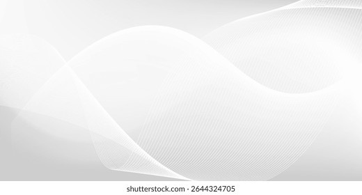 Abstract background in light tones, mainly using gray and white, has a sense of simplicity and luxury. Curved lines and small waves are drawn in detail at the bottom of the image.