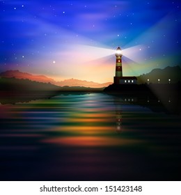 abstract background with lighthouse mountains and sunset