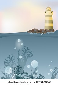 abstract background of lighthouse on rocks and ocean
