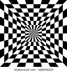 abstract background like chessboards pattern in black and white. optical illusion psychedelic tunnel