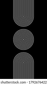 Abstract background. Line art. Monochrome geometric composition. Boho wall decor. White lines on black background.