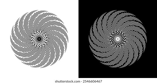 Abstract background with abstract line pattern in circles. Spiral art design as a logo or icon. A black figure on a white background and the same white figure on a black side. Mandala design with line