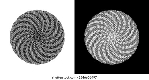 Abstract background with abstract line pattern in circles. Spiral art design as a logo or icon. A black figure on a white background and the same white figure on a black side. Mandala design with line