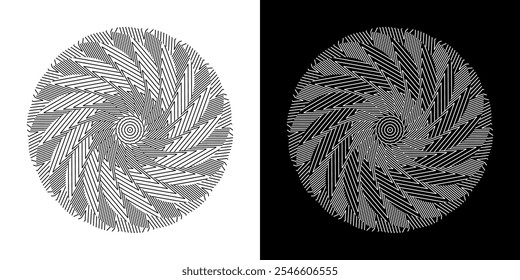 Abstract background with abstract line pattern in circles. Spiral art design as a logo or icon. A black figure on a white background and the same white figure on a black side. Mandala design with line