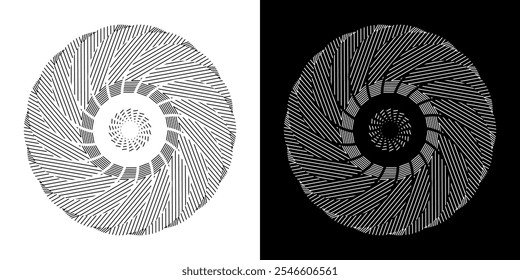 Abstract background with abstract line pattern in circles. Spiral art design as a logo or icon. A black figure on a white background and the same white figure on a black side. Mandala design with line
