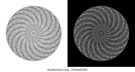 Abstract background with abstract line pattern in circles. Spiral art design as a logo or icon. A black figure on a white background and the same white figure on a black side. Mandala design with line