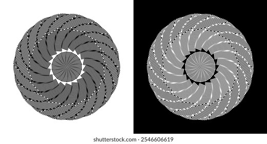 Abstract background with abstract line pattern in circles. Spiral art design as a logo or icon. A black figure on a white background and the same white figure on a black side. Mandala design with line