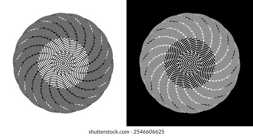 Abstract background with abstract line pattern in circles. Spiral art design as a logo or icon. A black figure on a white background and the same white figure on a black side. Mandala design with line