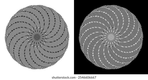 Abstract background with abstract line pattern in circles. Spiral art design as a logo or icon. A black figure on a white background and the same white figure on a black side. Mandala design with line