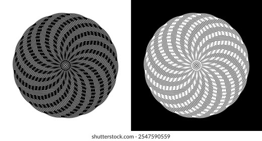 Plano de fundo abstrato com padrão de linha abstrato em círculos. Projeto de arte em espiral como um logotipo ou ícone. Uma figura preta sobre um fundo branco e a mesma figura branca em um lado preto. Projeto Mandala com linha