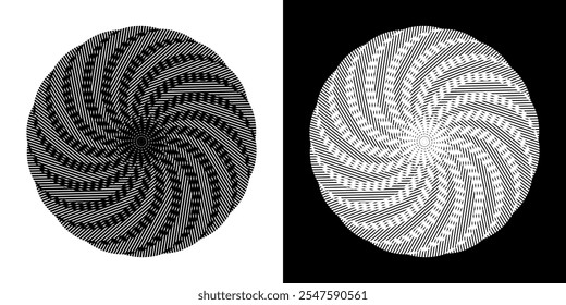Abstract background with abstract line pattern in circles. Spiral art design as a logo or icon. A black figure on a white background and the same white figure on a black side. Mandala design with line