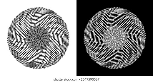 Abstract background with abstract line pattern in circles. Spiral art design as a logo or icon. A black figure on a white background and the same white figure on a black side. Mandala design with line