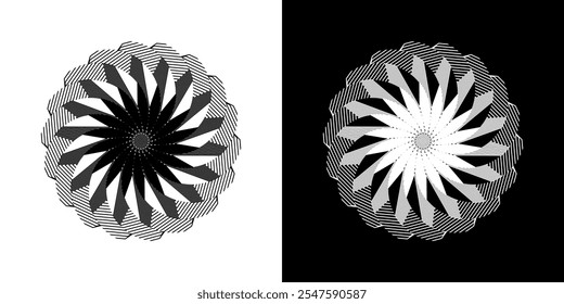 Plano de fundo abstrato com padrão de linha abstrato em círculos. Projeto de arte em espiral como um logotipo ou ícone. Uma figura preta sobre um fundo branco e a mesma figura branca em um lado preto. Projeto Mandala com linha