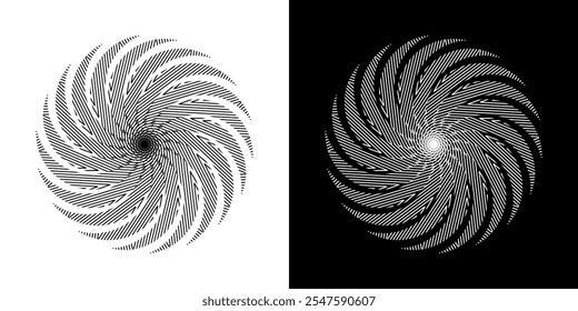 Abstract background with abstract line pattern in circles. Spiral art design as a logo or icon. A black figure on a white background and the same white figure on a black side. Mandala design with line