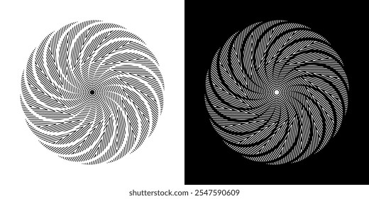 Abstract background with abstract line pattern in circles. Spiral art design as a logo or icon. A black figure on a white background and the same white figure on a black side. Mandala design with line