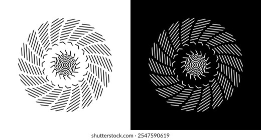 Abstract background with abstract line pattern in circles. Spiral art design as a logo or icon. A black figure on a white background and the same white figure on a black side. Mandala design with line