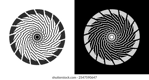 Abstract background with abstract line pattern in circles. Spiral art design as a logo or icon. A black figure on a white background and the same white figure on a black side. Mandala design with line