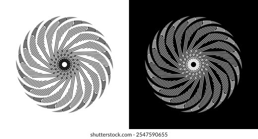 Plano de fundo abstrato com padrão de linha abstrato em círculos. Projeto de arte em espiral como um logotipo ou ícone. Uma figura preta sobre um fundo branco e a mesma figura branca em um lado preto. Projeto Mandala com linha