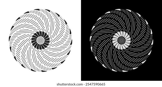 Plano de fundo abstrato com padrão de linha abstrato em círculos. Projeto de arte em espiral como um logotipo ou ícone. Uma figura preta sobre um fundo branco e a mesma figura branca em um lado preto. Projeto Mandala com linha