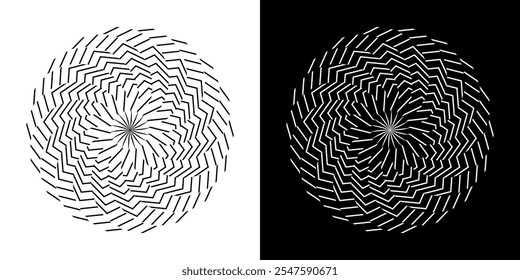 Abstract background with abstract line pattern in circles. Spiral art design as a logo or icon. A black figure on a white background and the same white figure on a black side. Mandala design with line