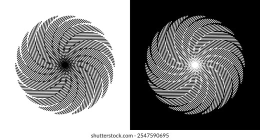 Abstract background with abstract line pattern in circles. Spiral art design as a logo or icon. A black figure on a white background and the same white figure on a black side. Mandala design with line
