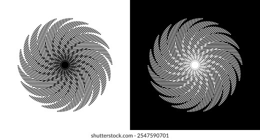 Abstract background with abstract line pattern in circles. Spiral art design as a logo or icon. A black figure on a white background and the same white figure on a black side. Mandala design with line