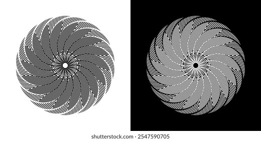 Abstract background with abstract line pattern in circles. Spiral art design as a logo or icon. A black figure on a white background and the same white figure on a black side. Mandala design with line