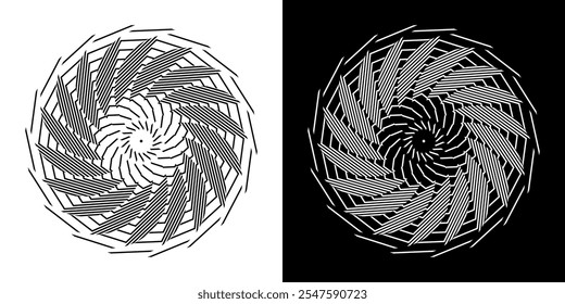 Abstract background with abstract line pattern in circles. Spiral art design as a logo or icon. A black figure on a white background and the same white figure on a black side. Mandala design with line