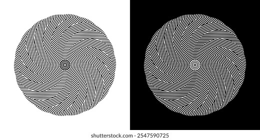 Abstract background with abstract line pattern in circles. Spiral art design as a logo or icon. A black figure on a white background and the same white figure on a black side. Mandala design with line