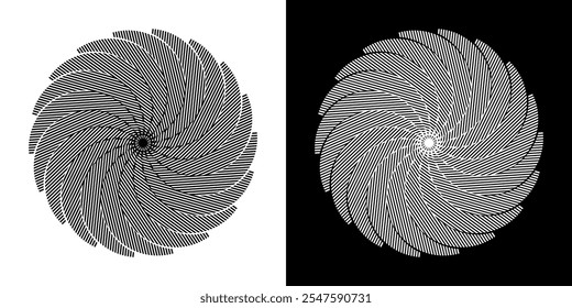 Abstract background with abstract line pattern in circles. Spiral art design as a logo or icon. A black figure on a white background and the same white figure on a black side. Mandala design with line
