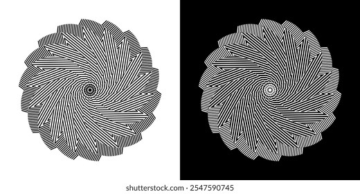 Abstract background with abstract line pattern in circles. Spiral art design as a logo or icon. A black figure on a white background and the same white figure on a black side. Mandala design with line