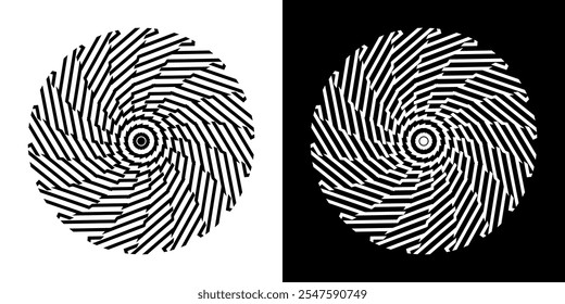 Abstract background with abstract line pattern in circles. Spiral art design as a logo or icon. A black figure on a white background and the same white figure on a black side. Mandala design with line