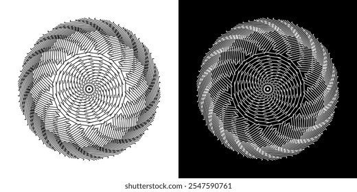 Abstract background with abstract line pattern in circles. Spiral art design as a logo or icon. A black figure on a white background and the same white figure on a black side. Mandala design with line