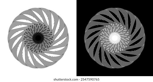 Abstract background with abstract line pattern in circles. Spiral art design as a logo or icon. A black figure on a white background and the same white figure on a black side. Mandala design with line