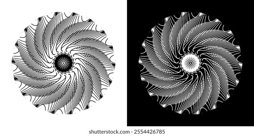 Abstract background with abstract line pattern in circles. Spiral art design as a logo or icon. A black figure on a white background and the same white figure on a black side. Mandala design with line