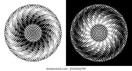 Abstract background with abstract line pattern in circles. Spiral art design as a logo or icon. A black figure on a white background and the same white figure on a black side. Mandala design with line