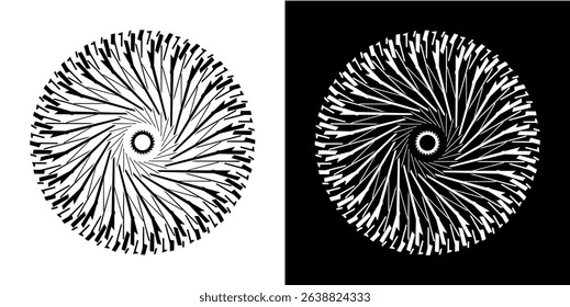 Abstract background with abstract line pattern in circles. Spiral art design as a logo or icon. A black figure on a white background and the same white figure on a black side. Mandala design with line