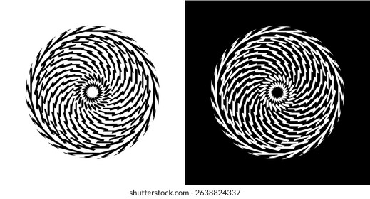 Abstract background with abstract line pattern in circles. Spiral art design as a logo or icon. A black figure on a white background and the same white figure on a black side. Mandala design with line