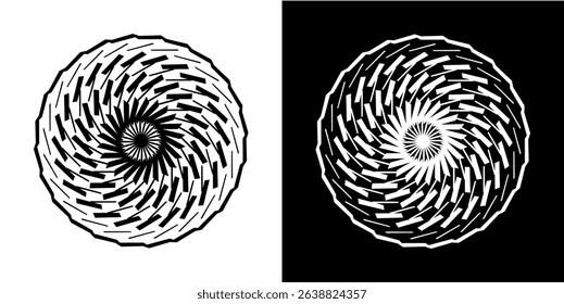 Abstract background with abstract line pattern in circles. Spiral art design as a logo or icon. A black figure on a white background and the same white figure on a black side. Mandala design with line