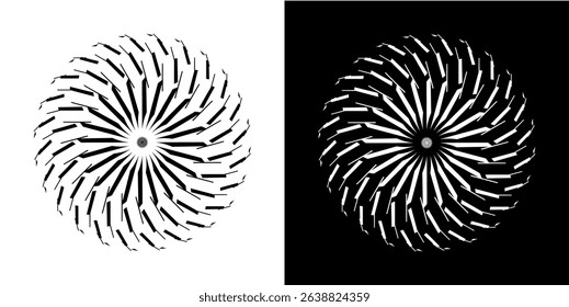 Abstract background with abstract line pattern in circles. Spiral art design as a logo or icon. A black figure on a white background and the same white figure on a black side. Mandala design with line