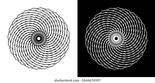 Plano de fundo abstrato com padrão de linha abstrato em círculos. Projeto de arte em espiral como um logotipo ou ícone. Uma figura preta sobre um fundo branco e a mesma figura branca em um lado preto. Projeto Mandala com linha
