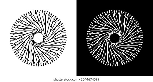 Plano de fundo abstrato com padrão de linha abstrato em círculos. Projeto de arte em espiral como um logotipo ou ícone. Uma figura preta sobre um fundo branco e a mesma figura branca em um lado preto. Projeto Mandala com linha