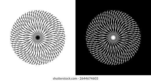 Abstract background with abstract line pattern in circles. Spiral art design as a logo or icon. A black figure on a white background and the same white figure on a black side. Mandala design with line