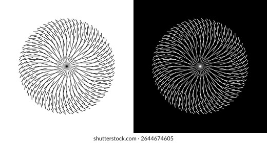 Plano de fundo abstrato com padrão de linha abstrato em círculos. Projeto de arte em espiral como um logotipo ou ícone. Uma figura preta sobre um fundo branco e a mesma figura branca em um lado preto. Projeto Mandala com linha