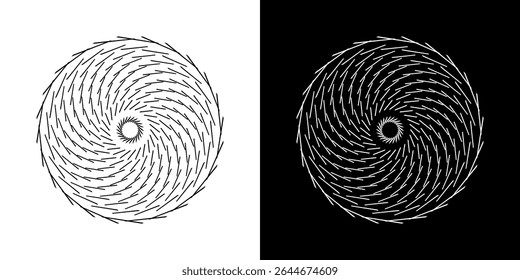 Plano de fundo abstrato com padrão de linha abstrato em círculos. Projeto de arte em espiral como um logotipo ou ícone. Uma figura preta sobre um fundo branco e a mesma figura branca em um lado preto. Projeto Mandala com linha