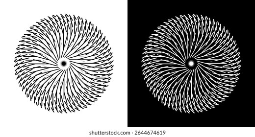 Plano de fundo abstrato com padrão de linha abstrato em círculos. Projeto de arte em espiral como um logotipo ou ícone. Uma figura preta sobre um fundo branco e a mesma figura branca em um lado preto. Projeto Mandala com linha