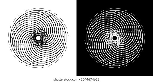 Plano de fundo abstrato com padrão de linha abstrato em círculos. Projeto de arte em espiral como um logotipo ou ícone. Uma figura preta sobre um fundo branco e a mesma figura branca em um lado preto. Projeto Mandala com linha
