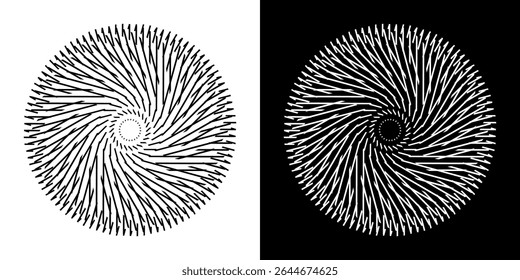 Plano de fundo abstrato com padrão de linha abstrato em círculos. Projeto de arte em espiral como um logotipo ou ícone. Uma figura preta sobre um fundo branco e a mesma figura branca em um lado preto. Projeto Mandala com linha