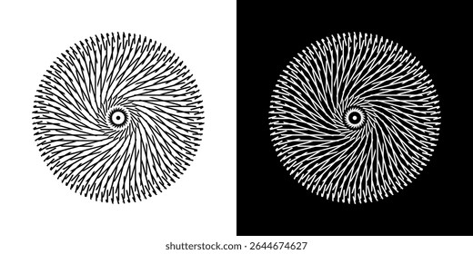 Abstract background with abstract line pattern in circles. Spiral art design as a logo or icon. A black figure on a white background and the same white figure on a black side. Mandala design with line