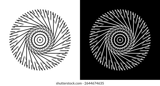 Plano de fundo abstrato com padrão de linha abstrato em círculos. Projeto de arte em espiral como um logotipo ou ícone. Uma figura preta sobre um fundo branco e a mesma figura branca em um lado preto. Projeto Mandala com linha